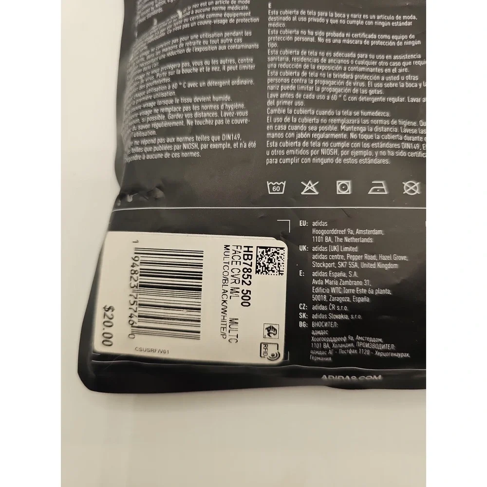 3-Pack Adidas Face Covers Facemasks Reusable Unisex - Size M/L